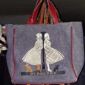 Burberry Vintage Blue Denim Tote Embroidered Image